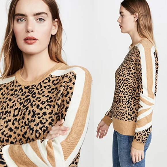 Current Elliott Duvall Leopard Animal Print Sweater 2 M Camel Black Cotton $328 - Picture 3 of 14